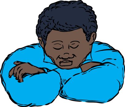 Sleeping adult African male with chin resting on folded arms on isolated background
