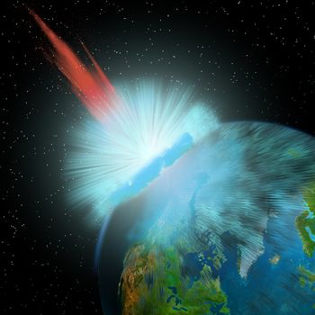 An asteroid hits the Earth near the North Pole causing enormous damage to surrounding areas.