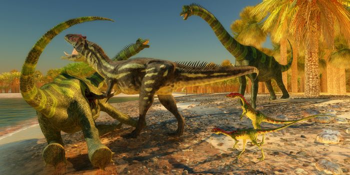 Two Compsognathus wait as an Allosaurus dinosaur brings down a huge Brachiosaurus on the beach.
