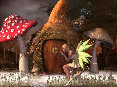 Fairy Belle plays with glowflies outside her gourd home in the magical forest.
