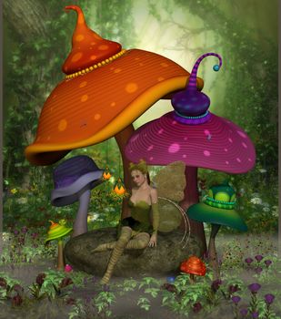 Fairy Daina relaxes on a rock surrounded by colorful fantasy mushrooms and flowers in the magical forest.