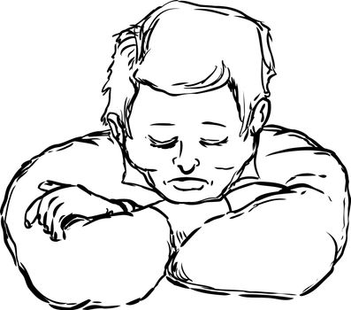 Outlined napping European man with eyes closed and chin on arms over white