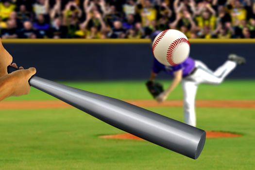 Baseball swing with pitcher and spectator background