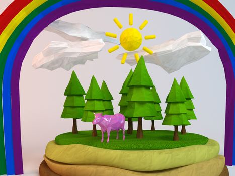 3d cow inside a low-poly green scene with sun, trees, clouds and a rainbow