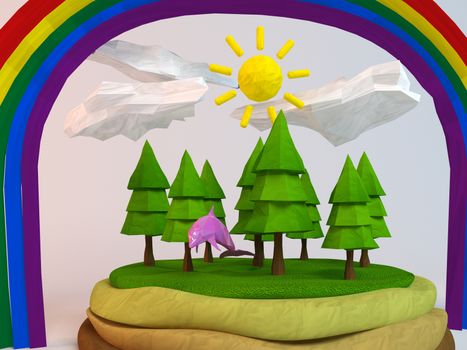 3d dolphin inside a low-poly green scene with sun, trees, clouds and a rainbow