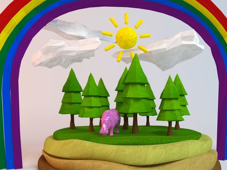 3d hippo inside a low-poly green scene with sun, trees, clouds and a rainbow