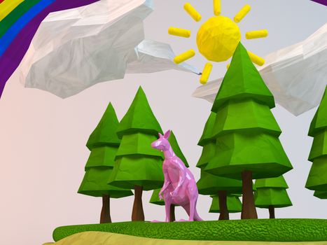 3d kangaroo inside a low-poly green scene