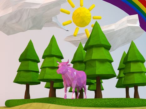 3d cow inside a low-poly green scene with sun, trees, clouds and a rainbow