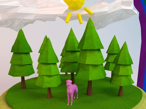 3d dog inside a low-poly green scene with sun, trees, clouds and a rainbow