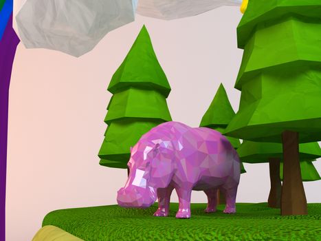 3d hippo inside a low-poly green scene with sun, trees, clouds and a rainbow