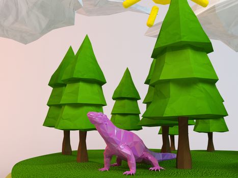 3d lizard inside a low-poly green scene with sun, trees, clouds and a rainbow