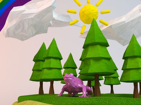 3d frog inside a low-poly green scene with sun, trees, clouds and a rainbow