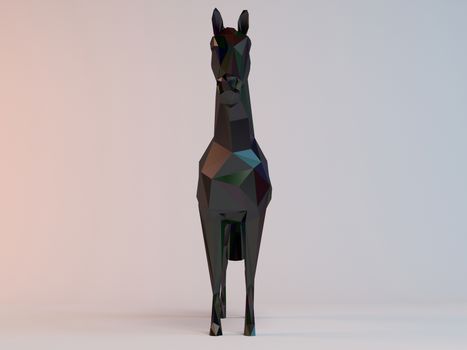 3D black low poly (horse) inside a white stage with high render quality to be used as a logo, medal, symbol, shape, emblem, icon, children story, or any other use.