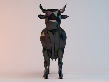 3D black low poly (cow) inside a white stage with high render quality to be used as a logo, medal, symbol, shape, emblem, icon, children story, or any other use.