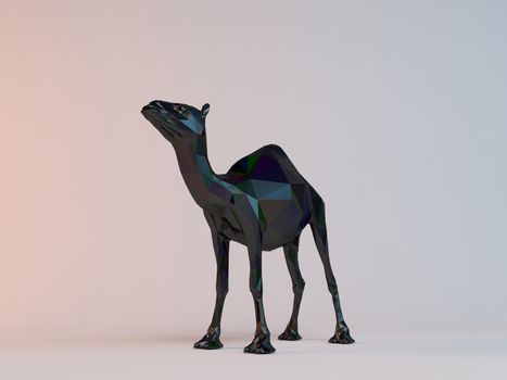 3D black low poly (camel) inside a white stage with high render quality to be used as a logo, medal, symbol, shape, emblem, icon, children story, or any other use.