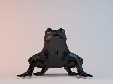 3D black low poly (frog) inside a white stage with high render quality to be used as a logo, medal, symbol, shape, emblem, icon, children story, or any other use.
