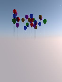 Several flying colored balloons rendered with different speed.