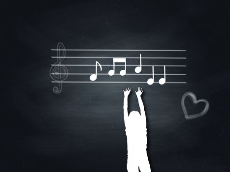 A girl trying to reach the music notes on a blackboard