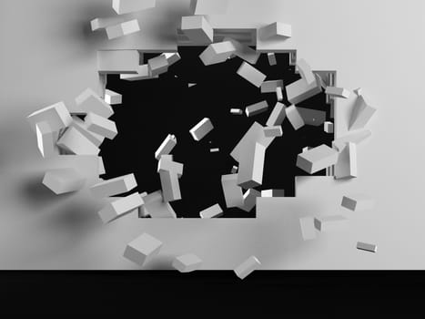 Destruction of a white brick wall 3d render