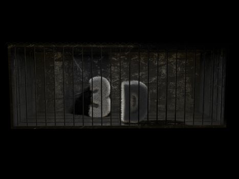 A fluffy word (3d) with white hair behind bars with black background.