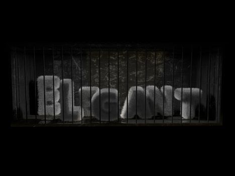 A fluffy word (elegant) with white hair behind bars with black background.