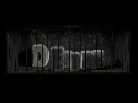 A fluffy word (desire) with white hair behind bars with black background.