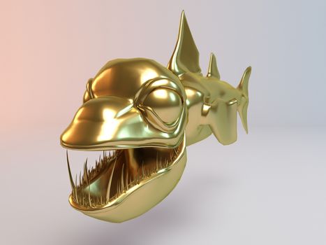 Golden 3D animal fish inside a stage with high render quality to be used as a logo, medal, symbol, shape, emblem, icon, business, geometric, label or any other use