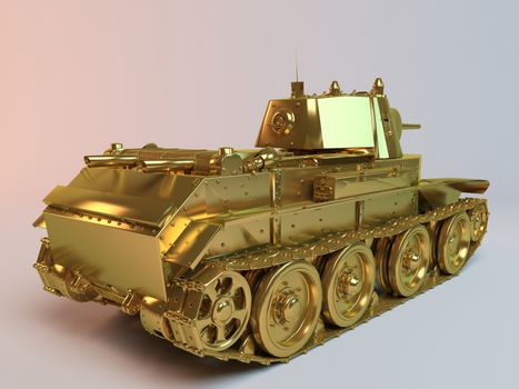 Golden imaginary 3d tank design with much equipment’s and weapons on it.
