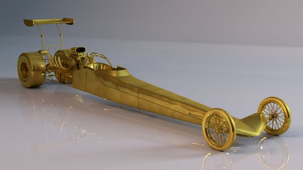 Golden 3D object (strange long racing car) inside a white reflected stage with high render quality to be used as a logo, medal, symbol, shape, emblem, icon, business, geometric, label or any other use