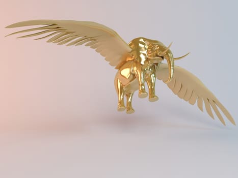 Golden 3D flying animal elephant inside a stage with high render quality to be used as a logo, medal, symbol, shape, emblem, icon, business, geometric, label or any other use
