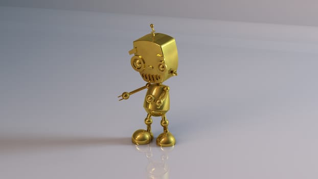 Golden 3D object (Robot) inside a white reflected stage with high render quality to be used as a logo, medal, symbol, shape, emblem, icon, business, geometric, label or any other use