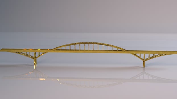 Golden 3D object (golden bridge) inside a white reflected stage with high render quality to be used as a logo, medal, symbol, shape, emblem, icon, business, geometric, label or any other use
