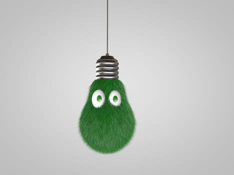 3D light bulb with eyes covered in green grass.