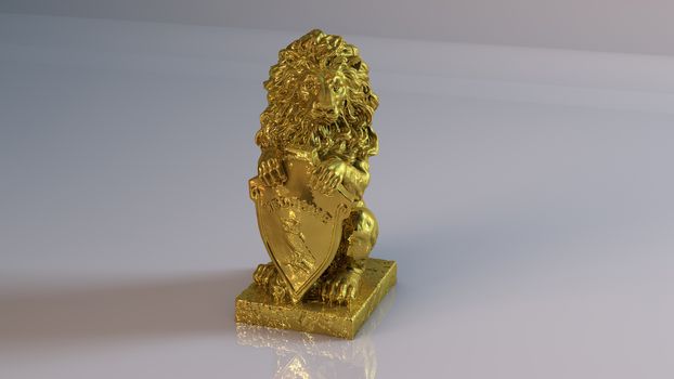 Golden 3D object (lion) inside a white reflected stage with high render quality to be used as a logo, medal, symbol, shape, emblem, icon, business, geometric, label or any other use