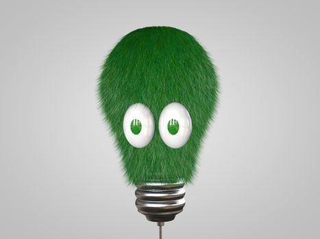 3D light bulb with eyes covered in green grass.