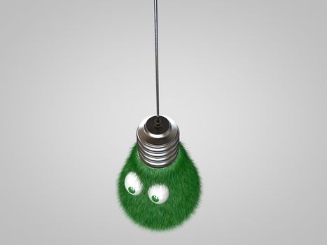 3D light bulb with eyes covered in green grass.