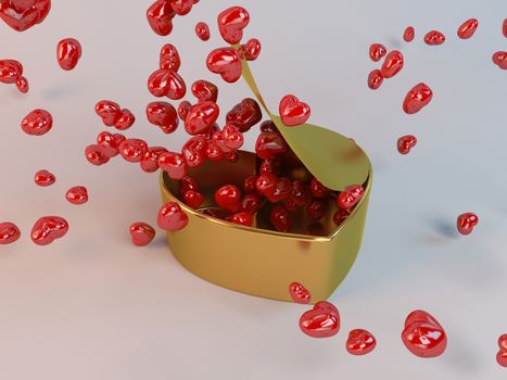 3d present golden box and hearts particles in a white 3d stage