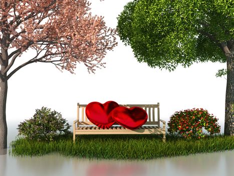 3D valentine view for love and romance isolated on a white background with beautiful summer and spring trees.
