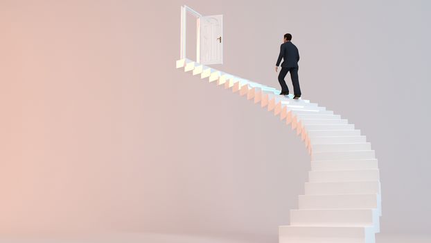 3D character goes on the stairs to reach the goal or arrive to his destination