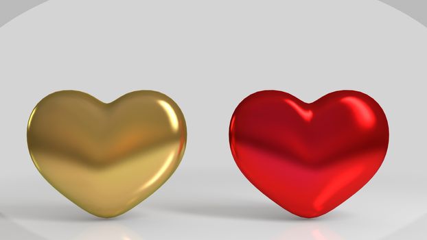 3d Golden and red shiny heart shape in a white stage