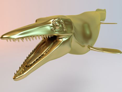 Golden 3D animal (mosasaur) inside a stage with high render quality to be used as a logo, medal, symbol, shape, emblem, icon, business, geometric, label or any other use
