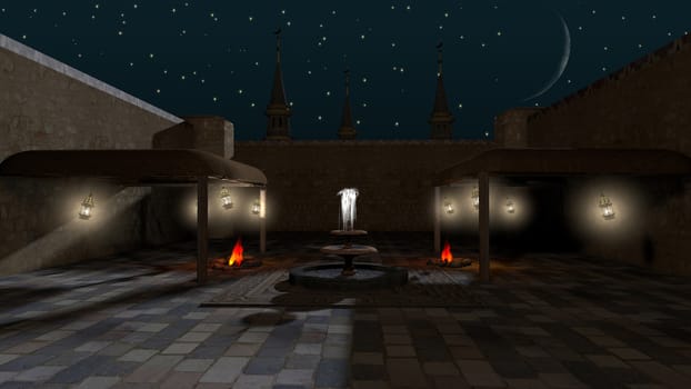Old Arabic style with mosque, fire, lanterns and a fountain