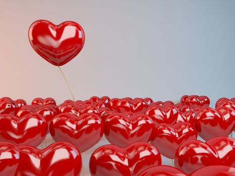 Group of red hearts balloons inside a 3d white stage