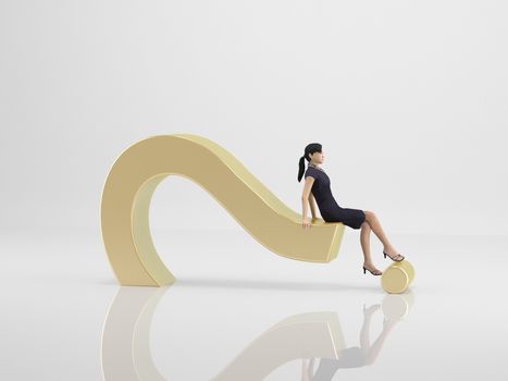 businesswoman sit on 3d question mark inside a white stage
