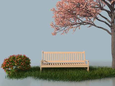 3d bench under a flower blooming tree in a white stage