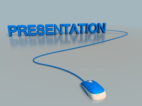 3D render of a mouse connected to a word inside a white stage scene