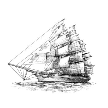 columbus ship hand drawn on white background