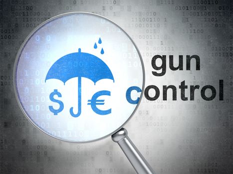 Security concept: magnifying optical glass with Money And Umbrella icon and Gun Control word on digital background