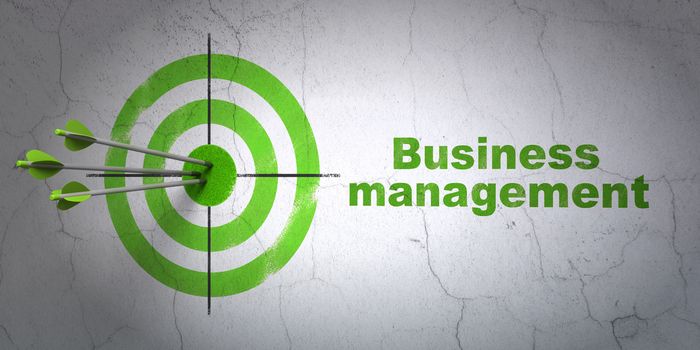 Success business concept: arrows hitting the center of target, Green Business Management on wall background