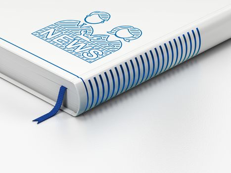 News concept: closed book with Blue Anchorman icon on floor, white background, 3d render